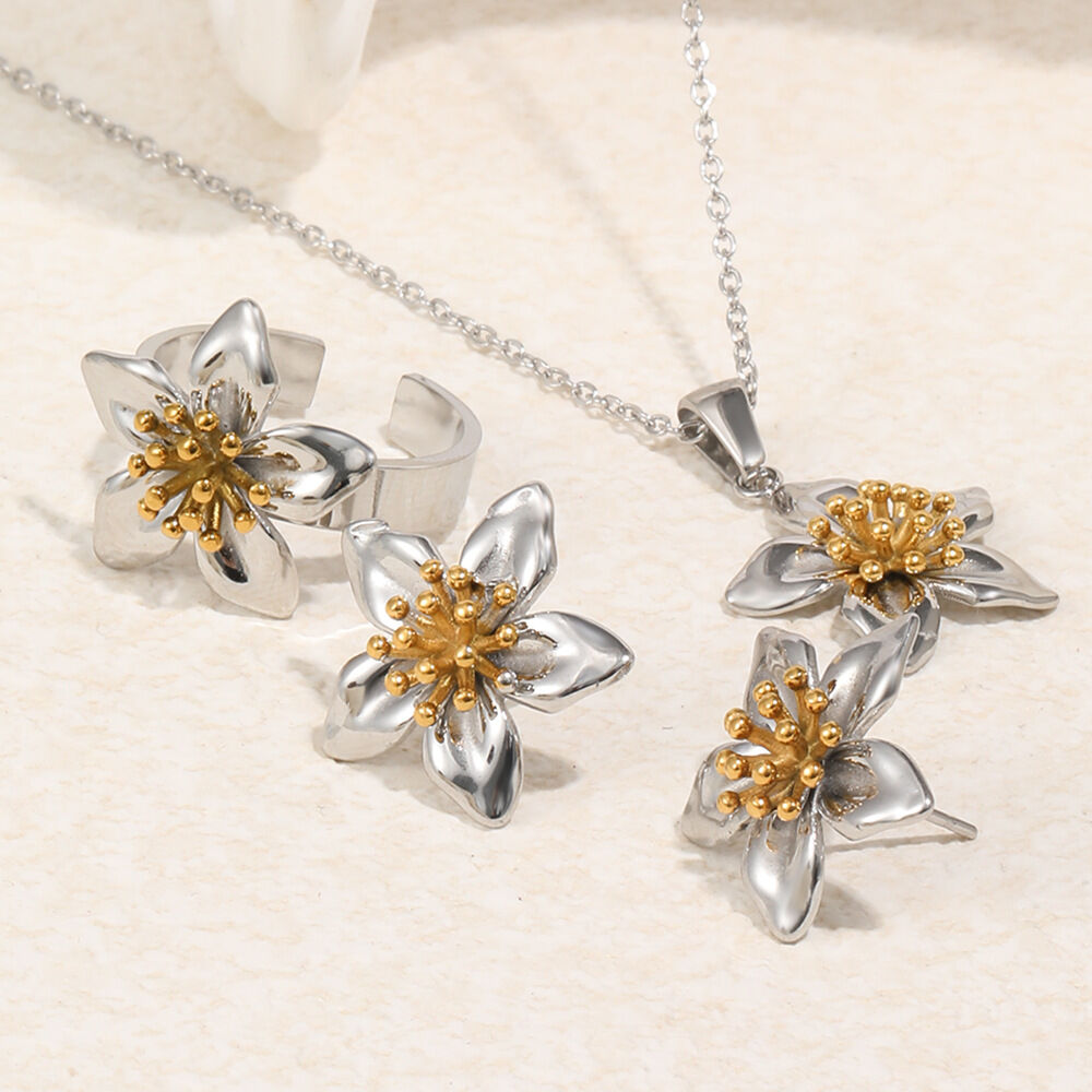 Ensembles de bijoux pour femmes en acier inoxydable doré, étanches, avec motif floral classique mêlant or et argent. 2