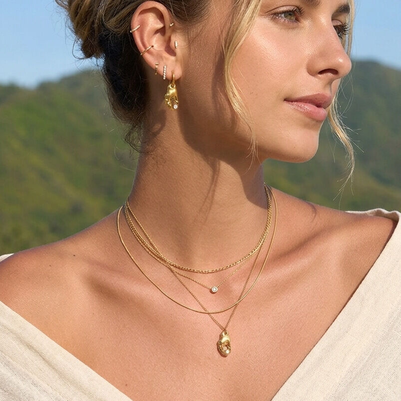 Ensembles de colliers pour femmes en acier inoxydable doré, imperméables et ornés de strass, style océanique h5Image4