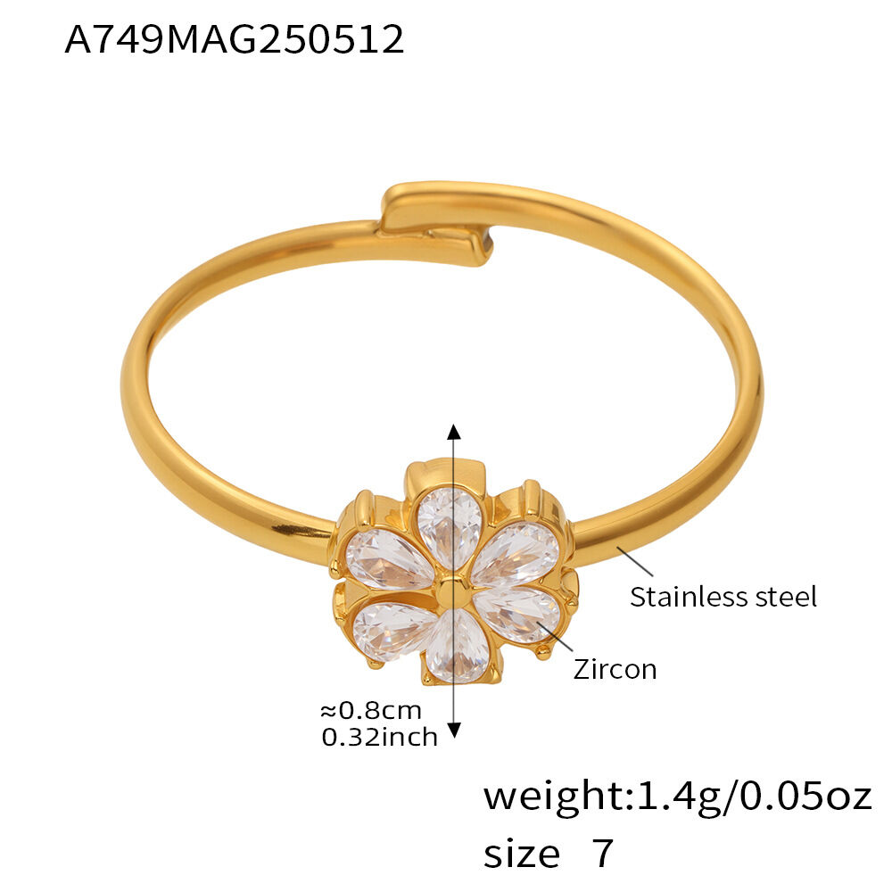Sweet Flower Stainless Steel Waterproof Gold Color Zircon Women's Gemstone Rings 