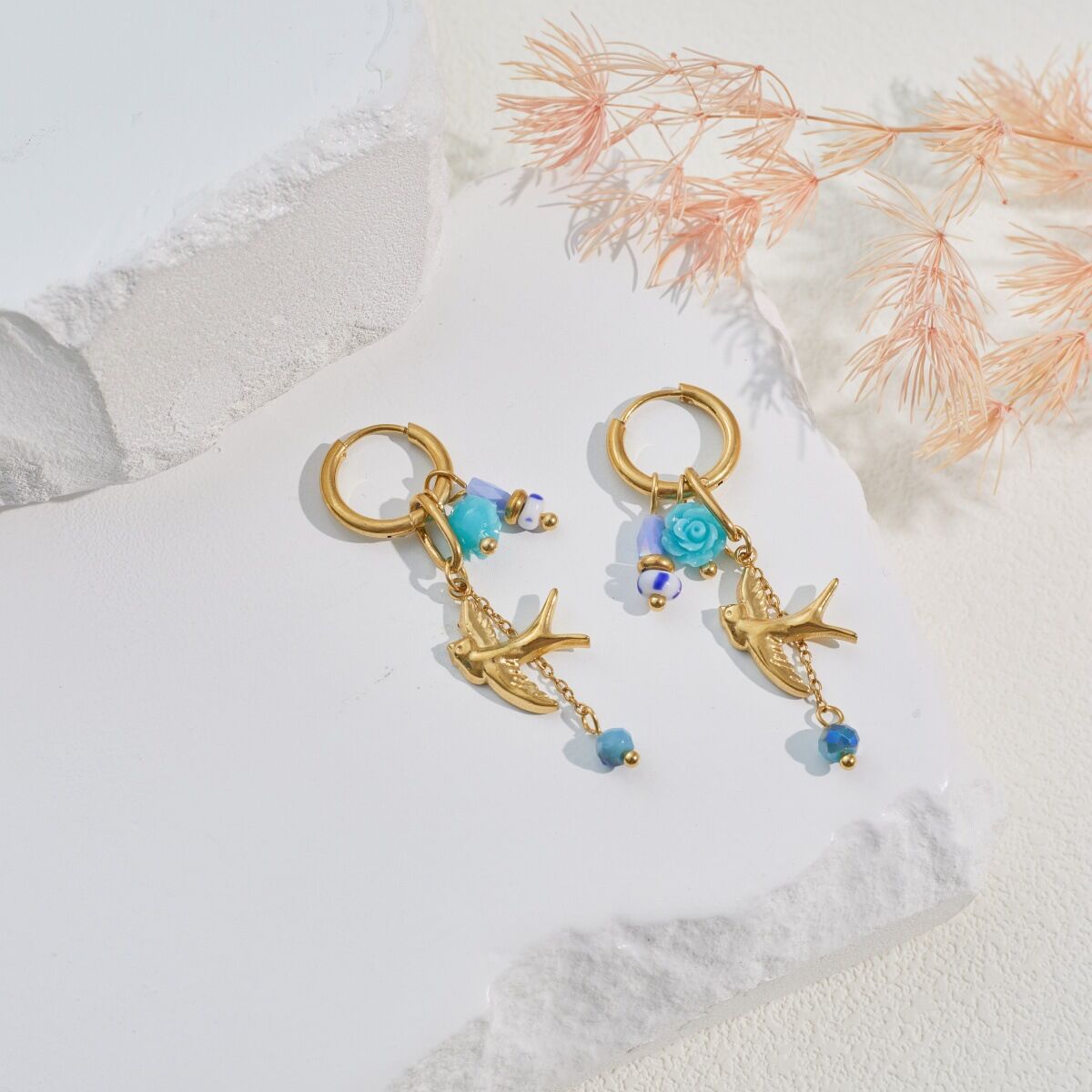 Romantic Daily Flower Swallow Stainless Steel Waterproof   Gold Color  Women's Jewelry Sets h5 Picture3
