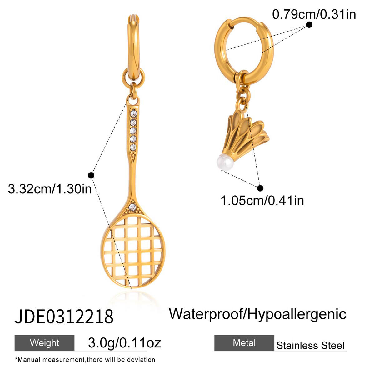 Tennis Racket Shape Stainless Steel Waterproof Gold Color Zircon Women's Drop Earrings h5 