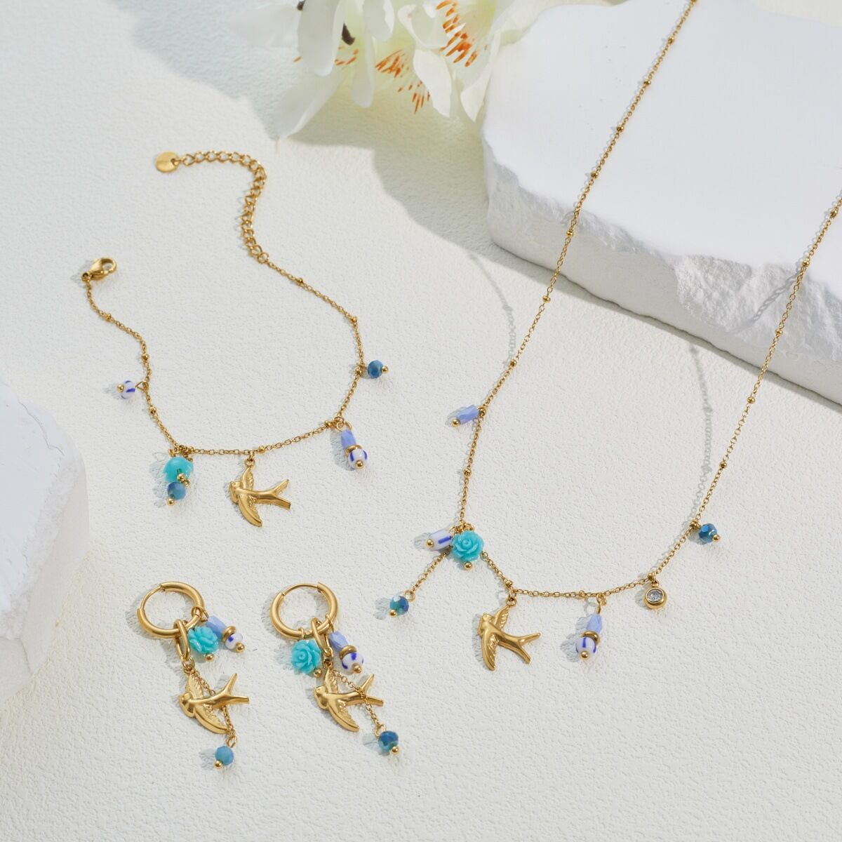 Romantic Daily Flower Swallow Stainless Steel Waterproof   Gold Color  Women's Jewelry Sets 2