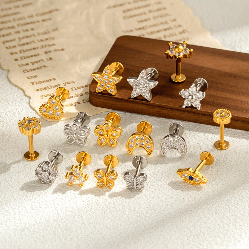 Schlichte Ohrringe mit Blumen, Herzen, Sternen, Schmetterlingen und Monden in Kupfer- und Goldfarbe mit Zirkonia-Zirkonia für Damen. 2
