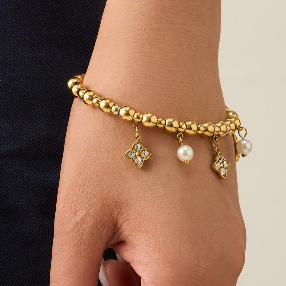 Elegant Flower Stainless Steel Waterproof Gold Color Zircon Women's Cuff Bracelets h5Picture2