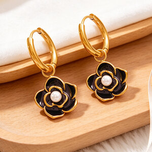 Simple Series Daily Flower Stainless Steel Waterproof Gold Color Women's Hoop Earrings h5 Picture6