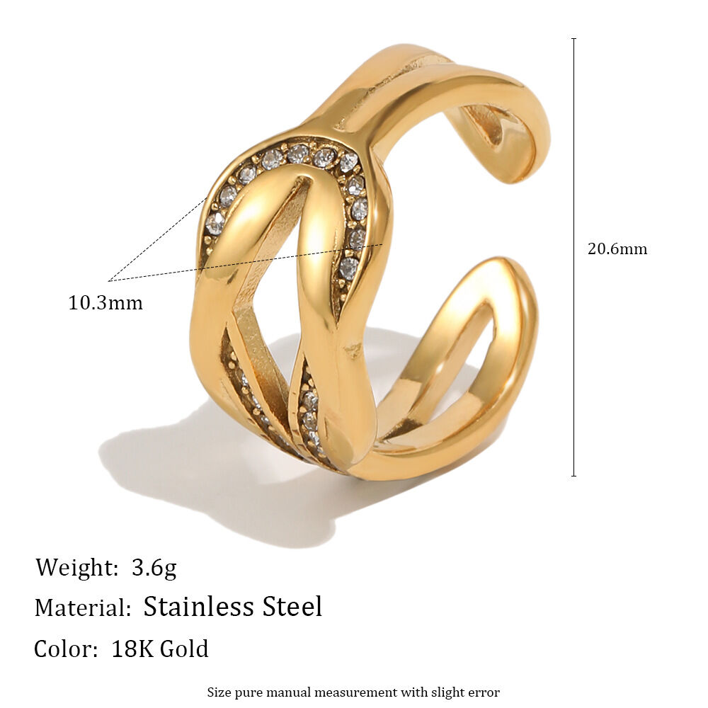 Simple Series Casual Twist Stainless Steel Waterproof   Gold Color  Zircon Statement Rings 