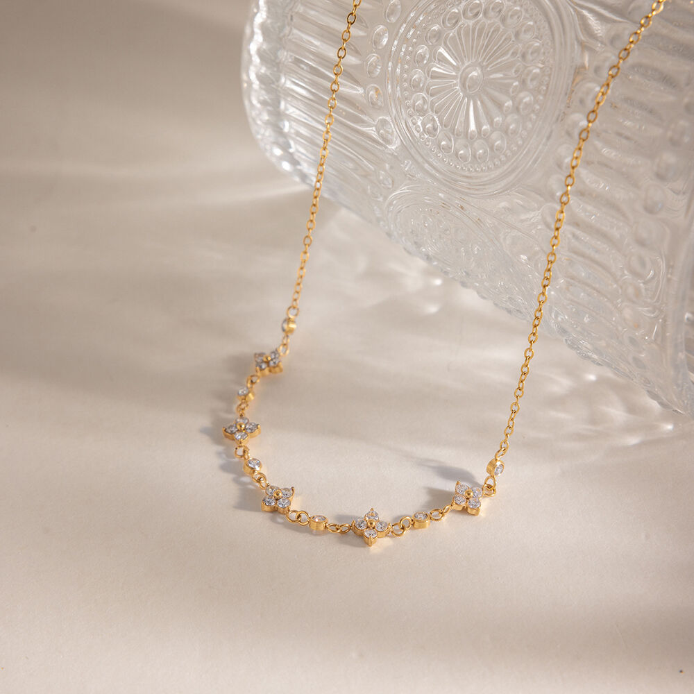 Elegant Flower Stainless Steel Waterproof Gold Color Zircon Women's Pendant Necklaces h5Picture5