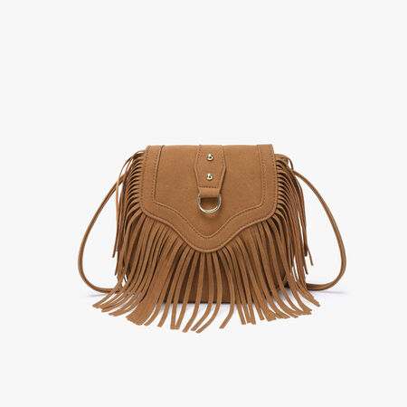 Runde Damentasche im Boho-Stil mit Quasten, einfarbig, aus Leder