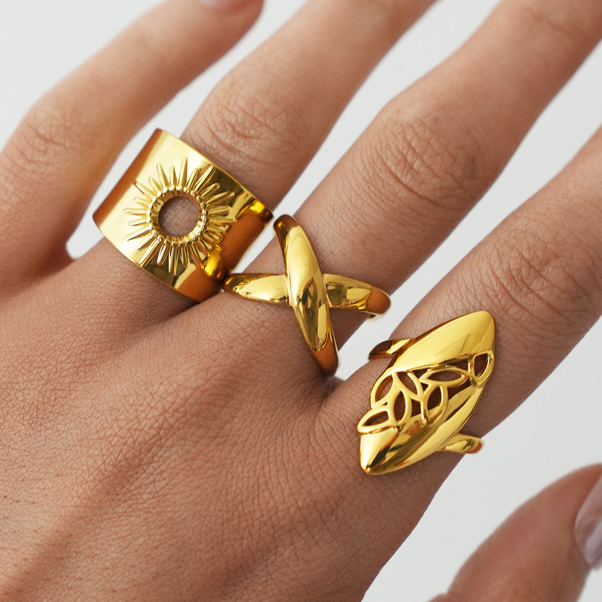 Retro Daily Leaf Circle Lines roestvrijstalen waterdichte statement ringen in goudkleur h5 Afbeelding3