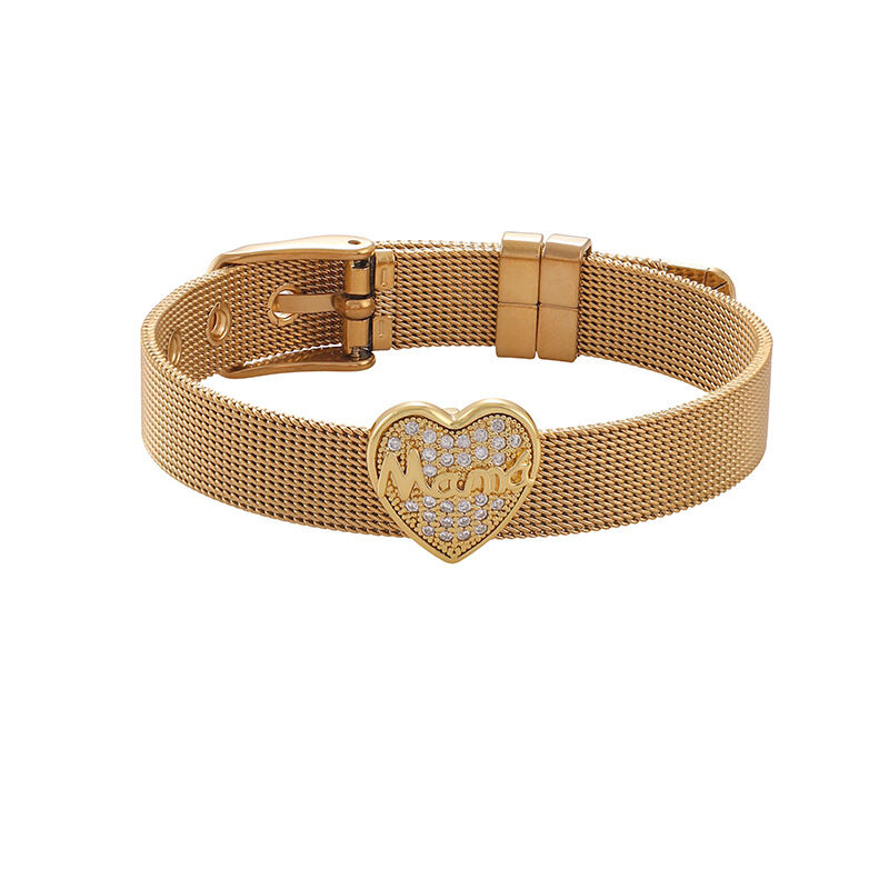 Simple Series Retro Buchstaben Herz Kreis Titanstahl Goldfarbe Zirkon Damen Kettenarmbänder h5 