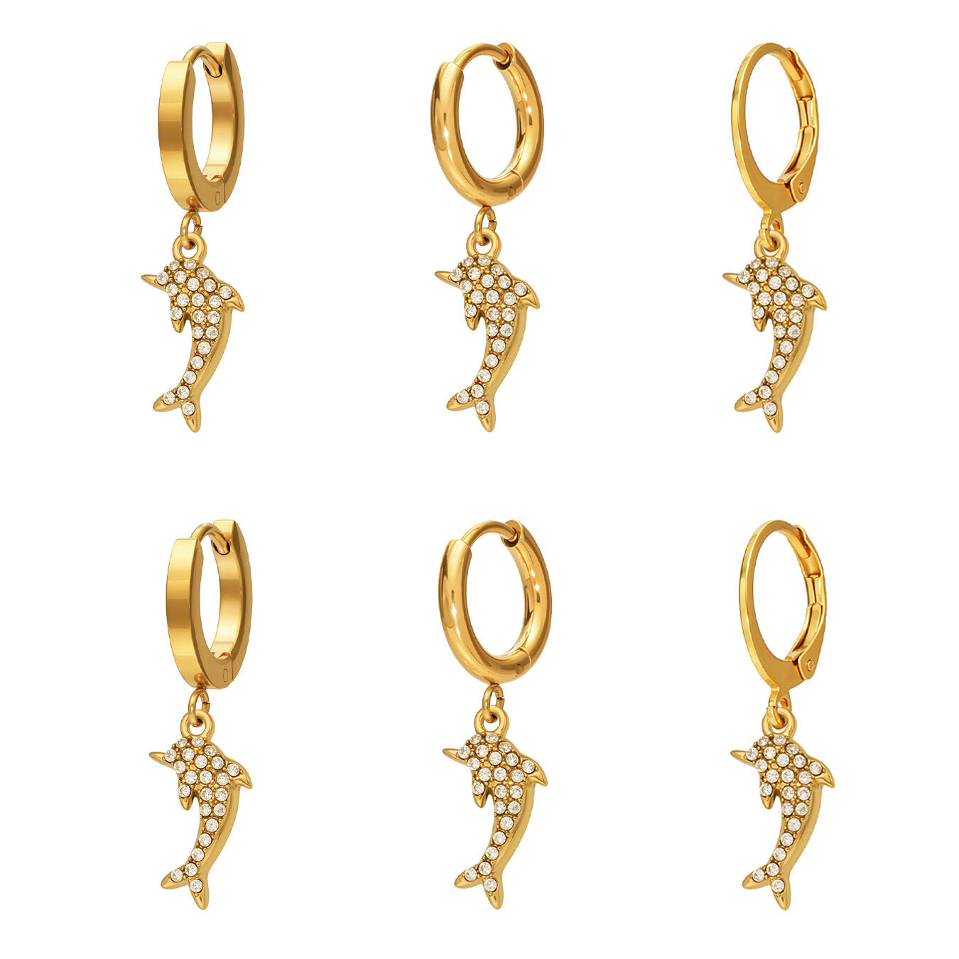 Cute Dolphin Oceanic Style Stainless Steel Waterproof Gold Color Zircon Women's Drop Earrings Picture4
