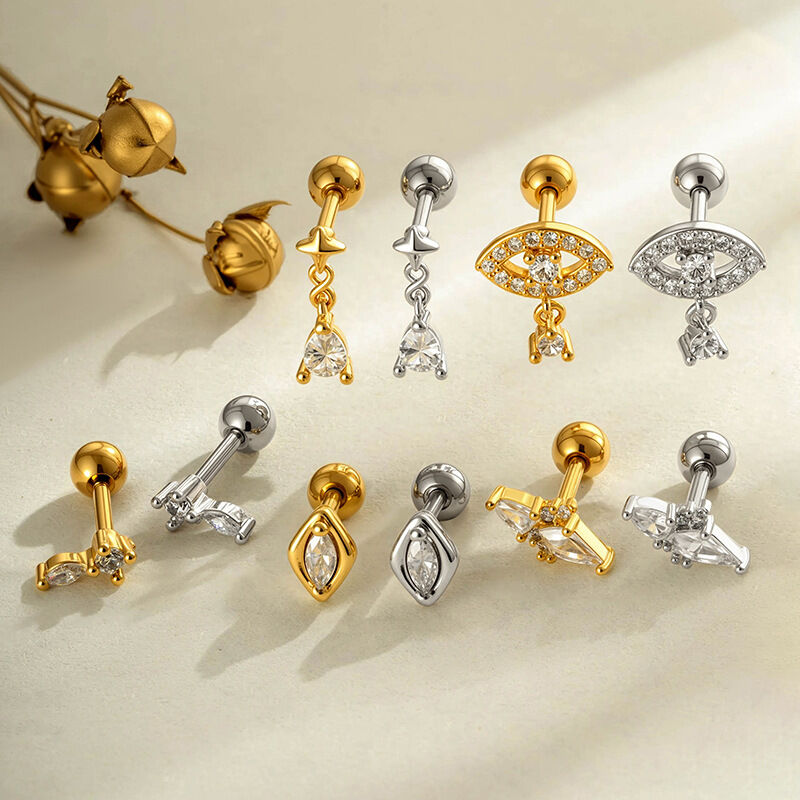 Boucles d'oreilles piercing pour femme, forme géométrique simple, couleur cuivre doré, zircon. h5Image4