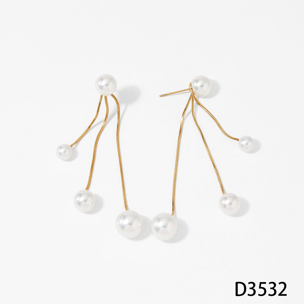 Elegant Tassel Stainless Steel Waterproof Gold Color Pearl Women's Dangle Earrings h5 