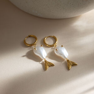 Oceanic Style Fish Shape Stainless Steel Waterproof Gold Color Pearl Women's Drop Earrings h5 Picture2