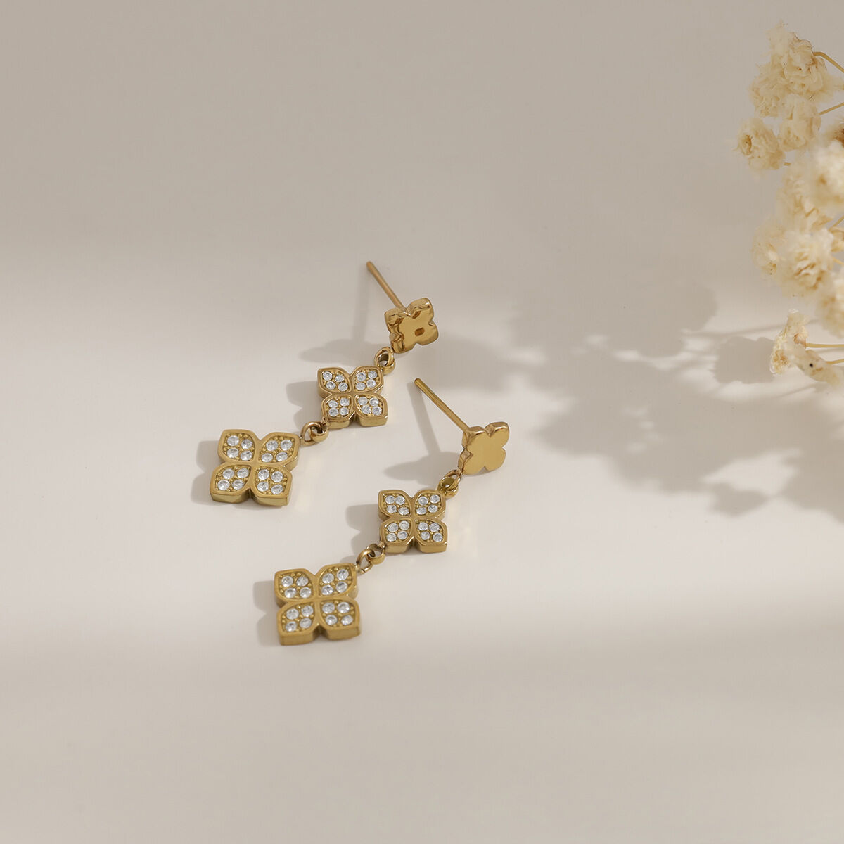 Simple Series Elegant Flower Stainless Steel Waterproof Gold Color Rhinestone Women's Drop Earrings h5 Picture4