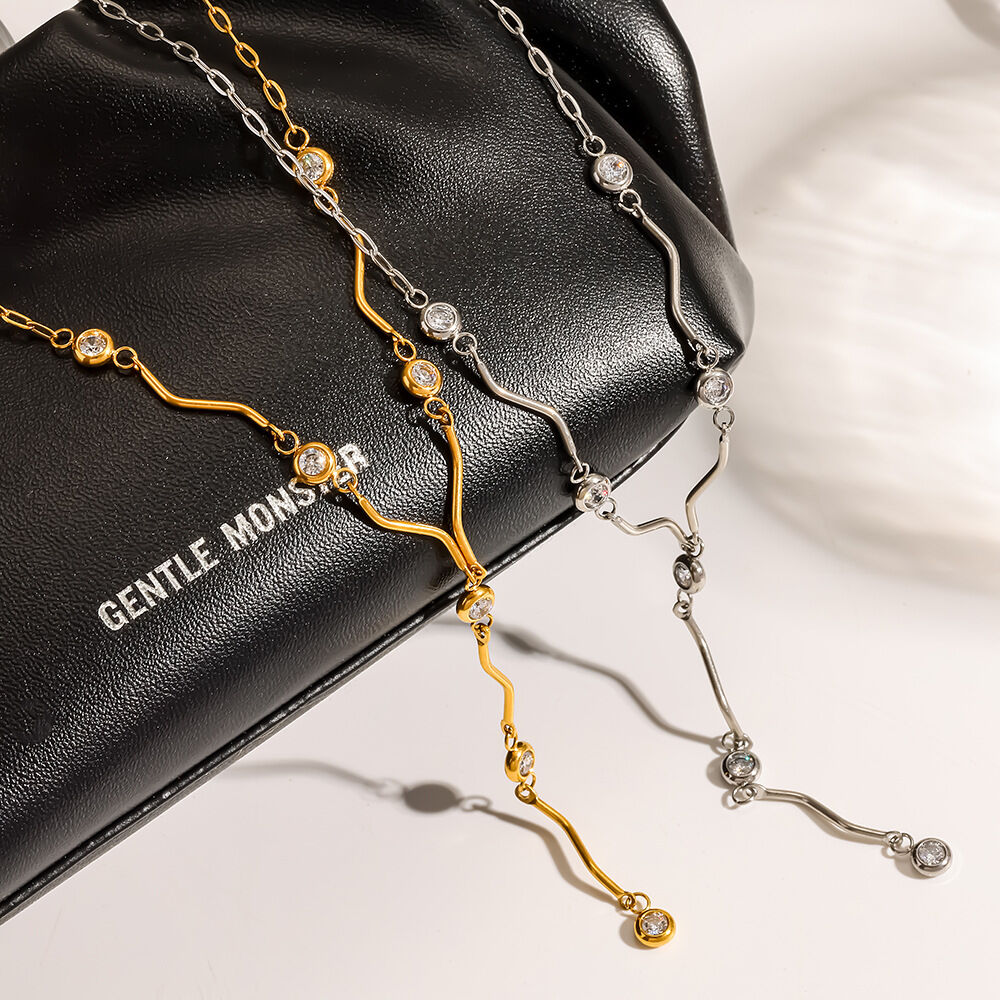 Luxurious Chain Lines Geometric Shape Stainless Steel Waterproof Gold Color Zircon Women's Pendant Necklaces h5Picture3