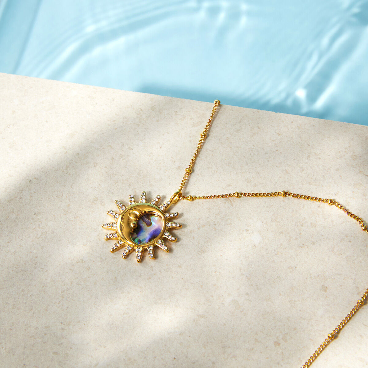 Retro Sun Moon Stainless Steel Waterproof Gold Color Rhinestone Shell Women's Pendant Necklaces h5 Picture4