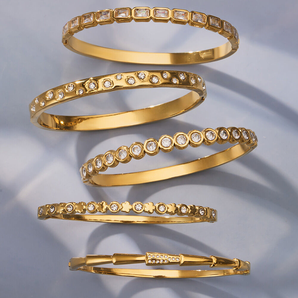 Classic Rectangle Stainless Steel Waterproof Gold Color Zircon Women's Bangles Picture4