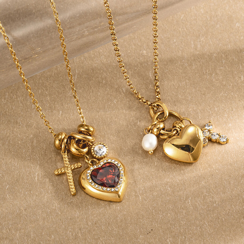 Colliers pendentifs pour femmes en forme de cœur, en acier inoxydable étanche, couleur or et zircon. 2