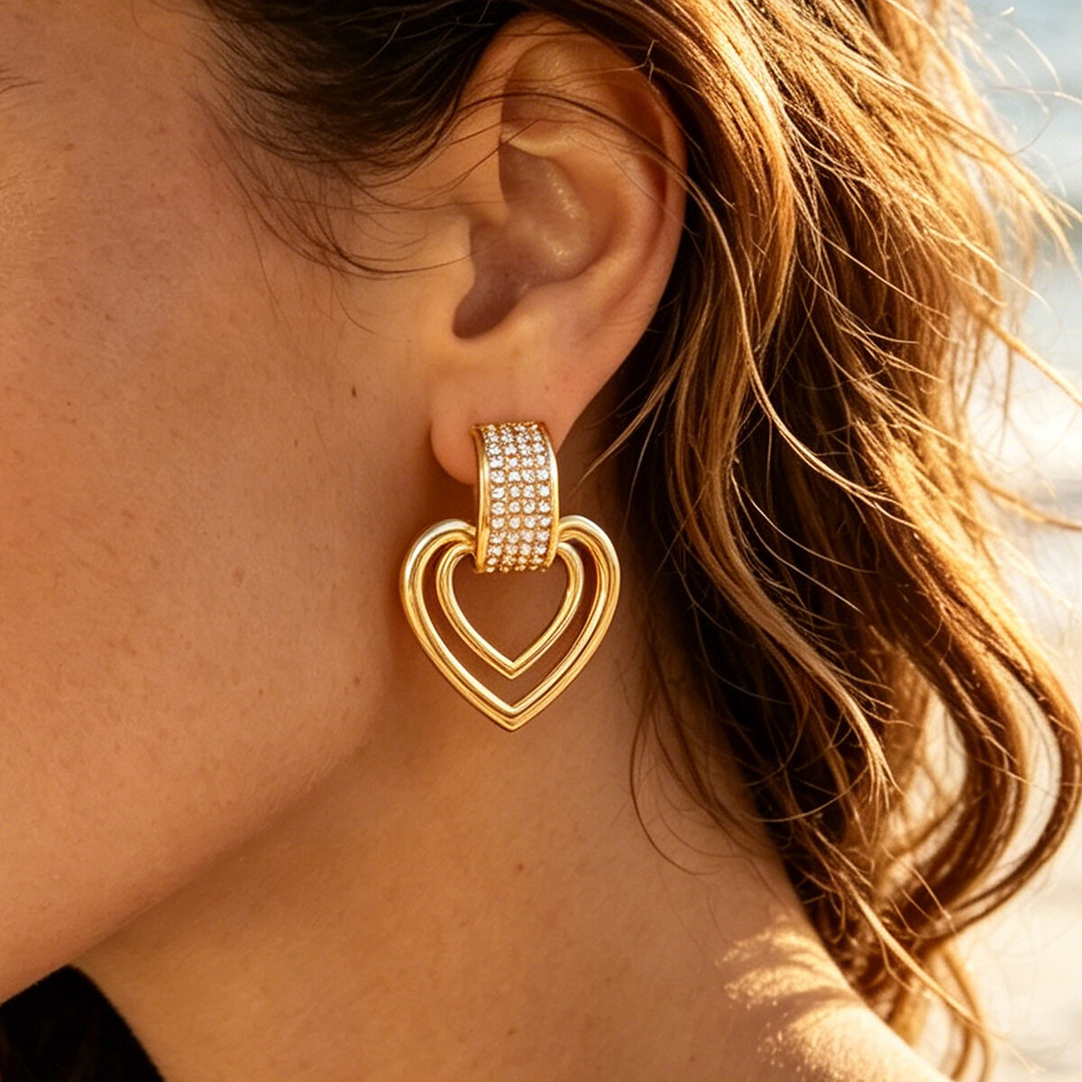 Luxury Daily Heart Stainless Steel Waterproof   Gold Color  Rhinestone  Women‘s Stud Earrings