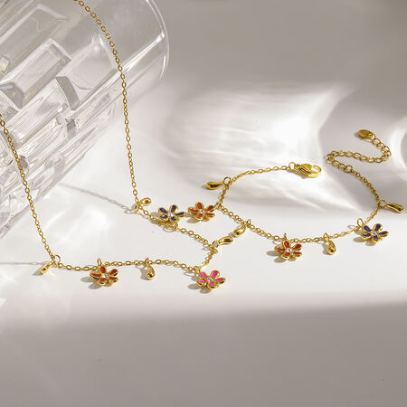 Set di gioielli da donna della serie Romantica con eleganti fiori, in acciaio inossidabile, impermeabile, color oro e zirconi. 2