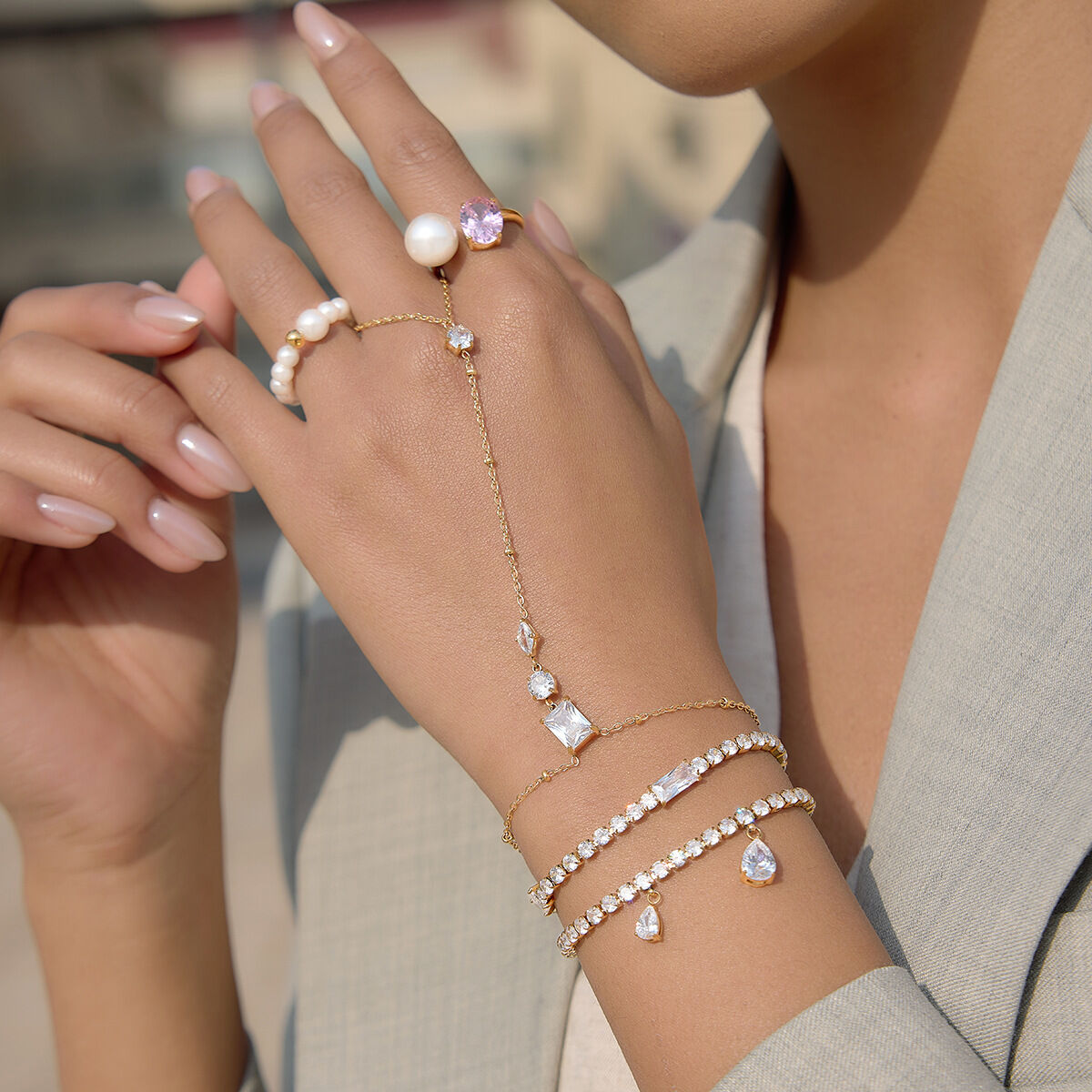 Simple Rectangle Ellipse Shape Stainless Steel Waterproof Gold Color Zircon Women's Hand Chain