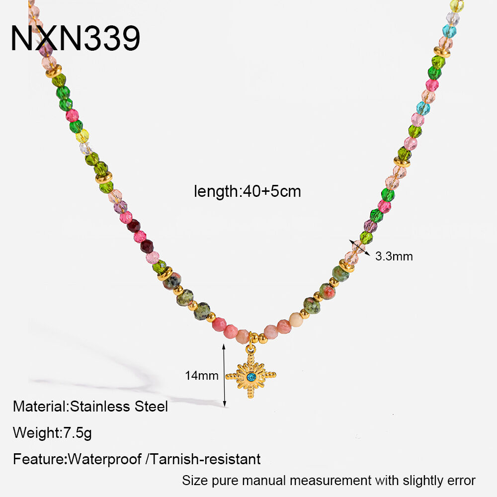 Ethnic Series Bohemian Beads Star Stainless Steel Waterproof Gold Color Glass Women's Beaded Necklaces h5 