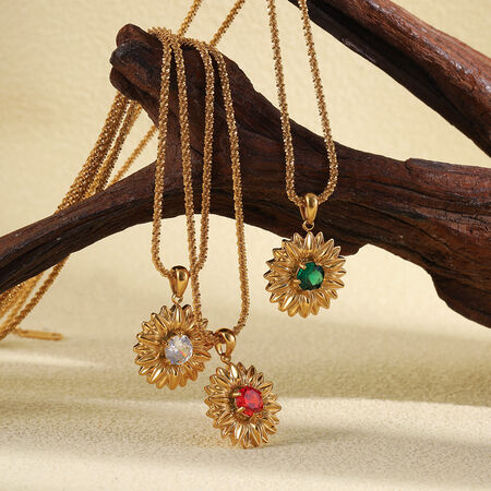 Retro Flower Stainless Steel Waterproof Gold Color Zircon Women's Pendant Necklaces