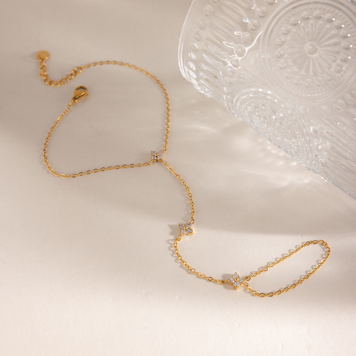 Elegant Flower Clover Stainless Steel Waterproof Gold Color Zircon Women's Hand Chain h5 Picture3