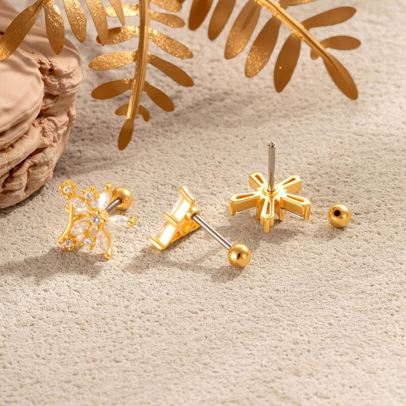 Einfache Ohrringe mit Blumen-, Stern-, Dreieck- und Schlangenmotiv in Kupfer- und Goldfarbe mit Zirkonia für Damen Bild3