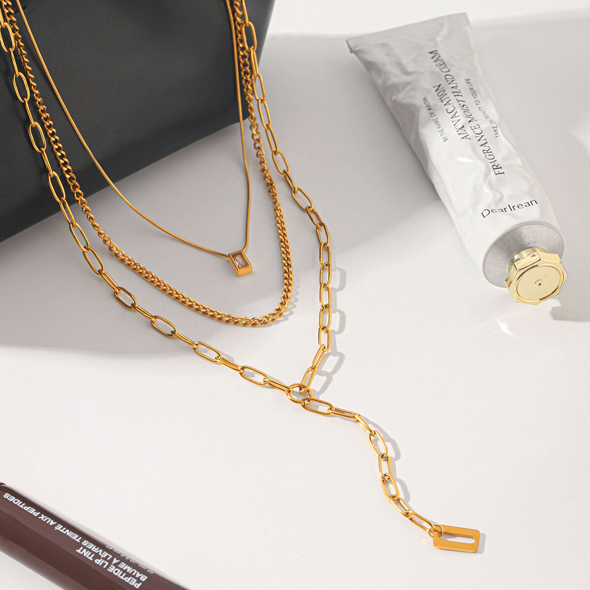 Simple Series Daily Chain Edelstahl wasserdicht goldfarbene Damen-Mehrlagenhalsketten h5 Bild5