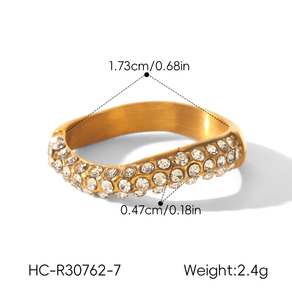 Schlichter, unregelmäßig geformter, wasserdichter Damenring aus Edelstahl in Goldfarbe mit Zirkonia-Edelsteinen h5Bild2