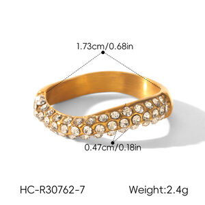 Schlichter, unregelmäßig geformter, wasserdichter Damenring aus Edelstahl in Goldfarbe mit Zirkonia-Edelsteinen h5 Bild2