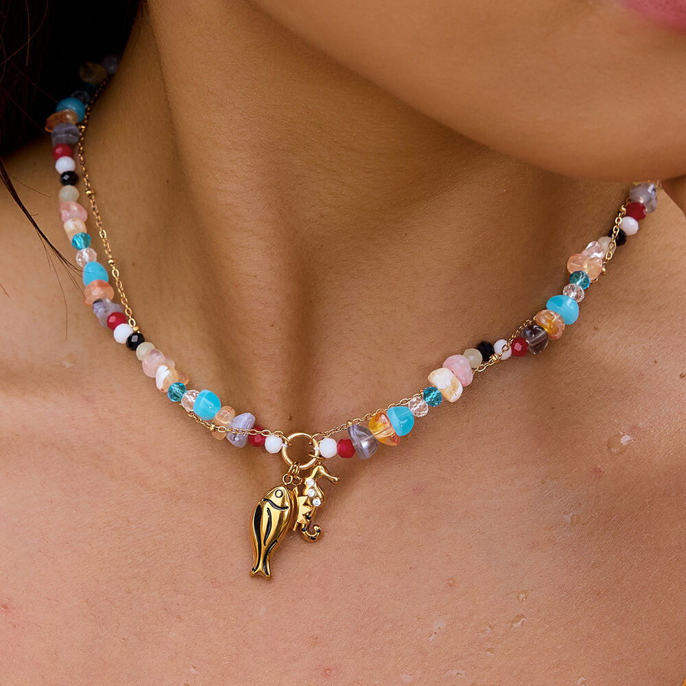 Romantic Series Sweet Beads Fish Stainless Steel Waterproof Gold Color Women's Beaded Necklaces Picture2