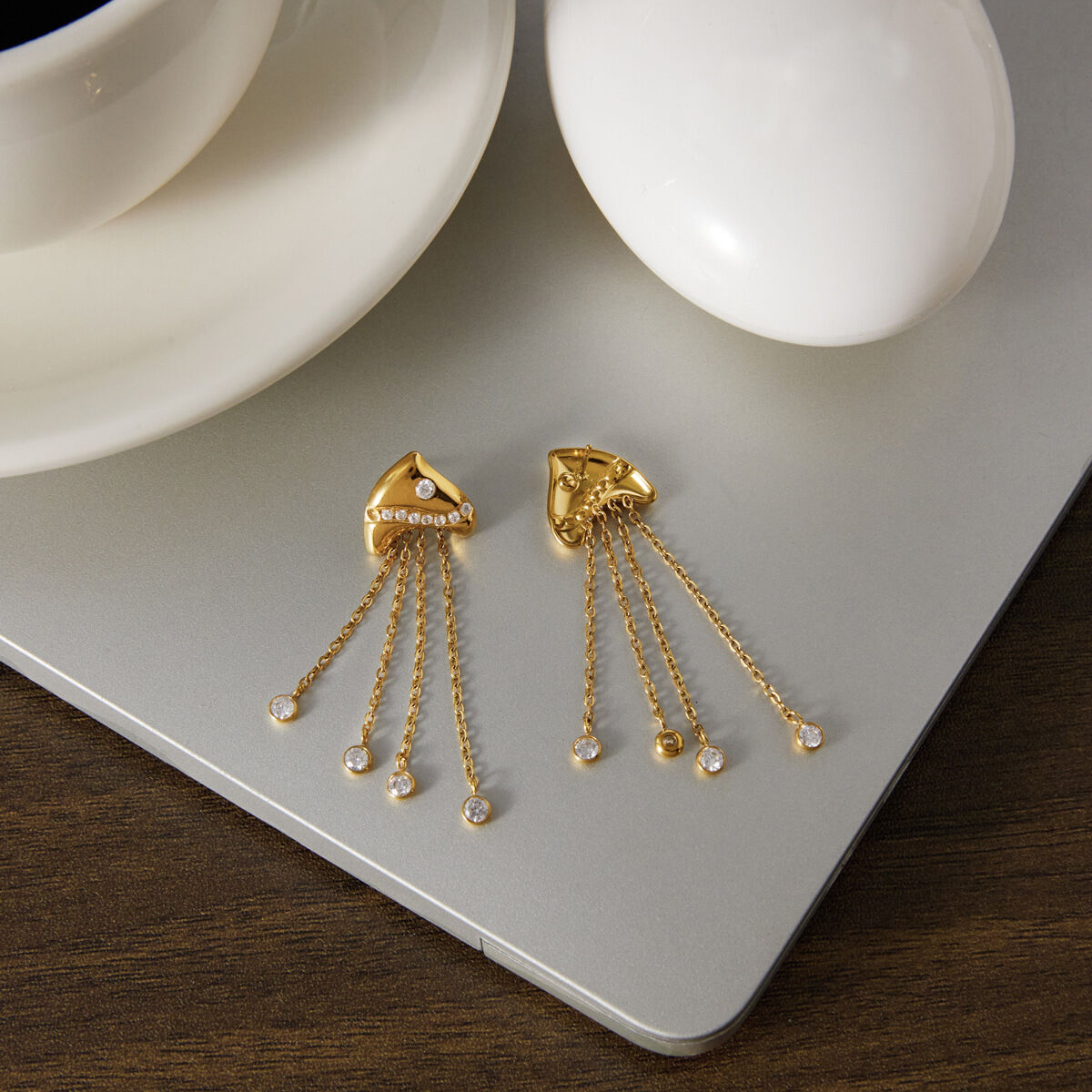Vacation Tassel Fish Stainless Steel Waterproof Gold Color Zircon Women's Dangle Earrings Picture3