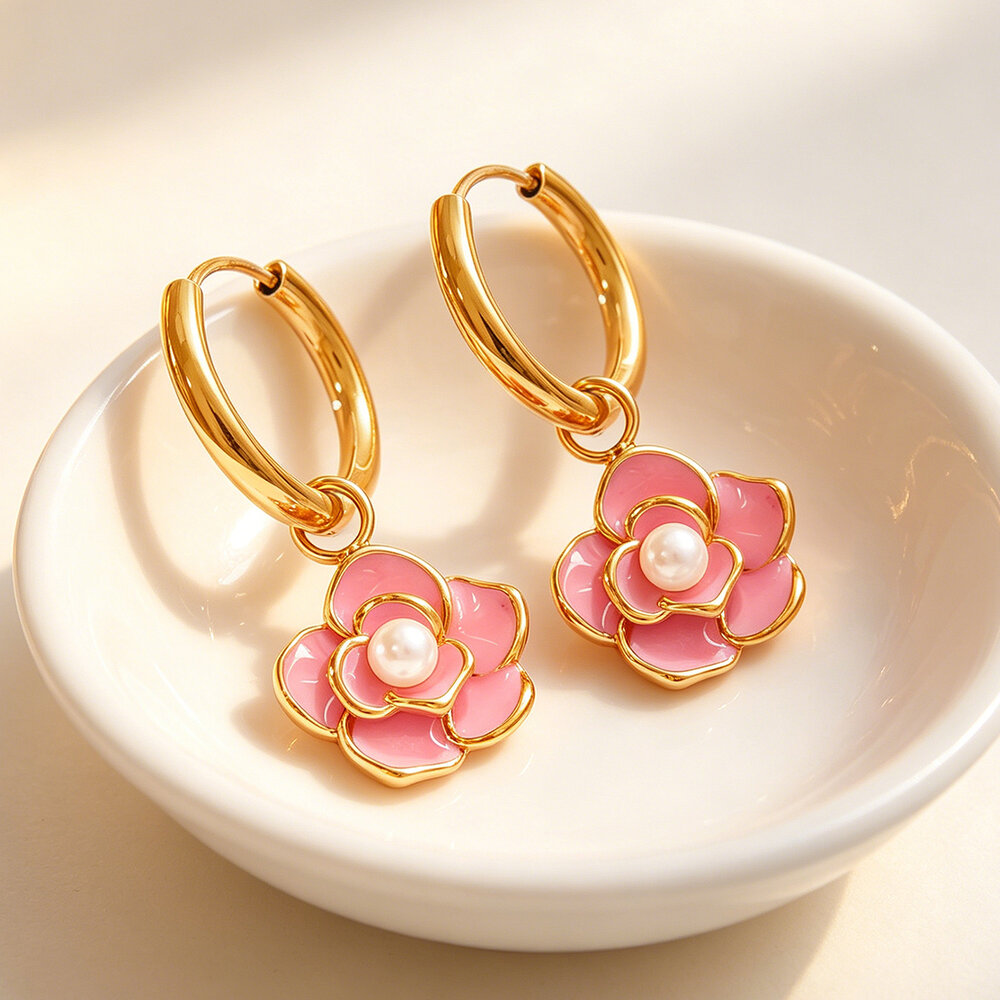 Simple Series Daily Flower Stainless Steel Waterproof Gold Color Women's Hoop Earrings h5Picture5