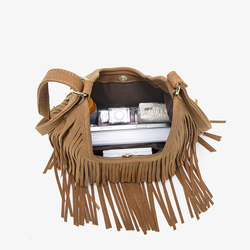 Boho Style Tassel Solid Color Tassel Leather Women's Round Bag h5Picture3