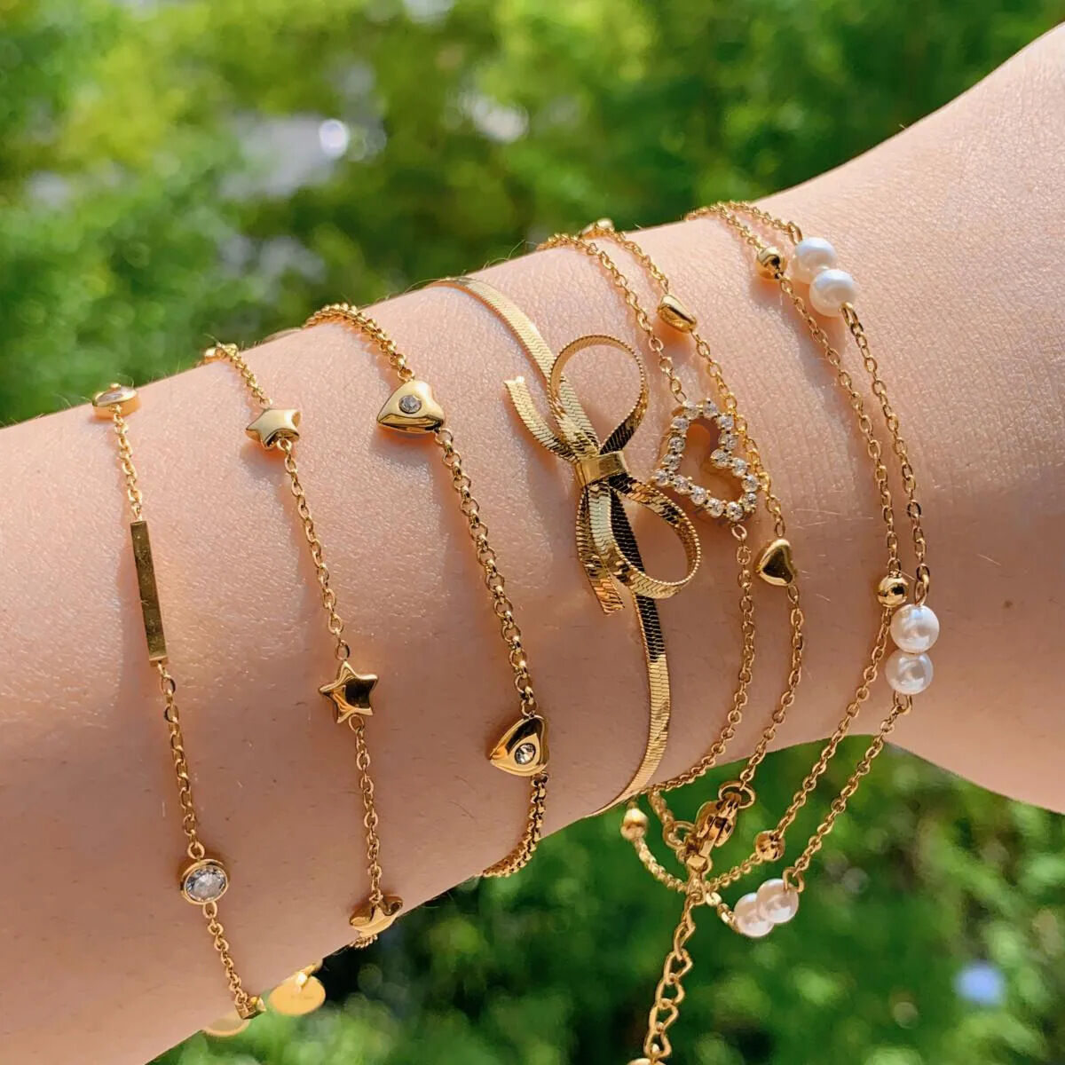 Simple Heart Star Stainless Steel Waterproof Gold Color Zircon Pearl Women's Charm Bracelets Picture4