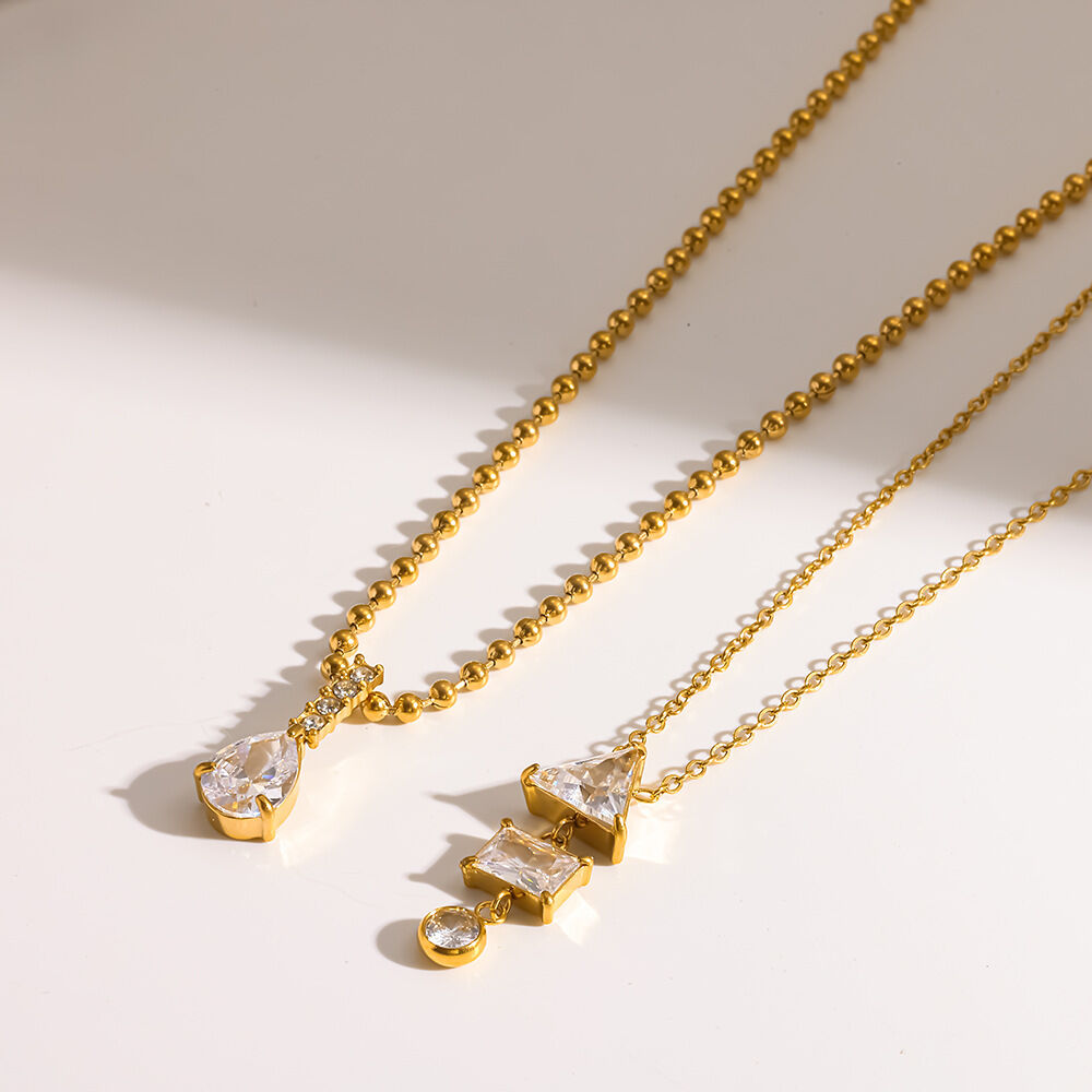 Droplet Triangle Geometric Shape Stainless Steel Waterproof Gold Color Zircon Women's Pendant Necklaces h5Picture2
