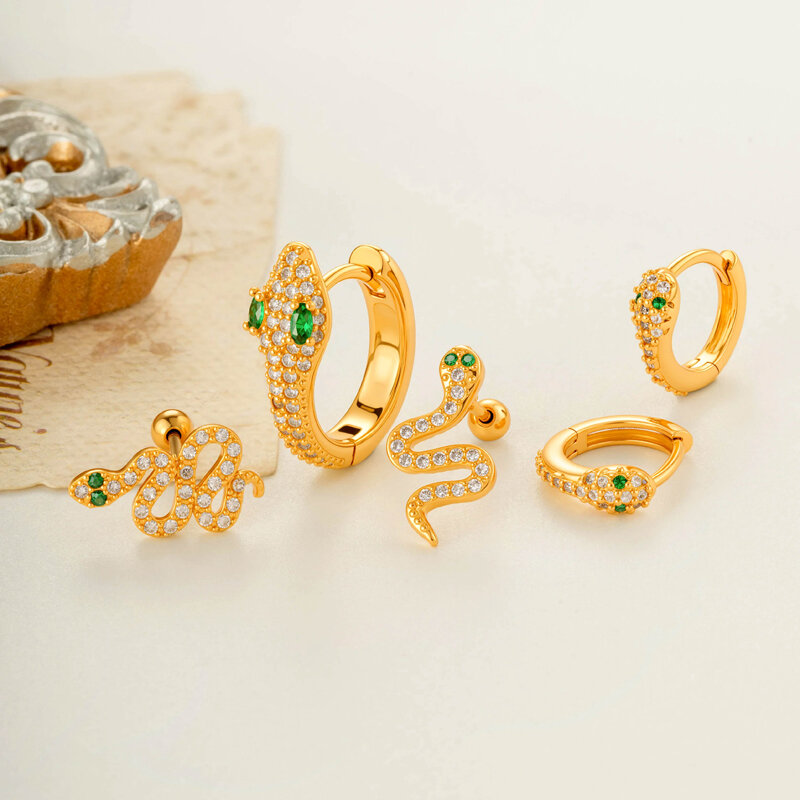 Sade Yılan Şeklinde Bakır Altın Renkli Zirkon Taşlı Kadın Piercing Küpeleri