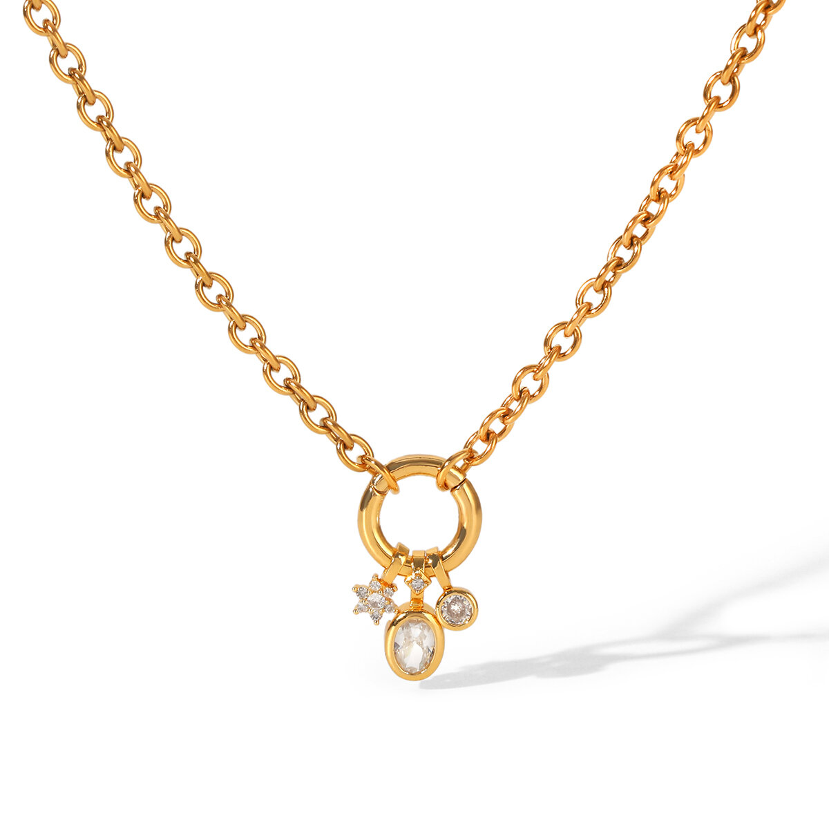 Eenvoudige, ronde, roestvrijstalen, waterdichte hanger met gouden zirkonia voor dames. 
