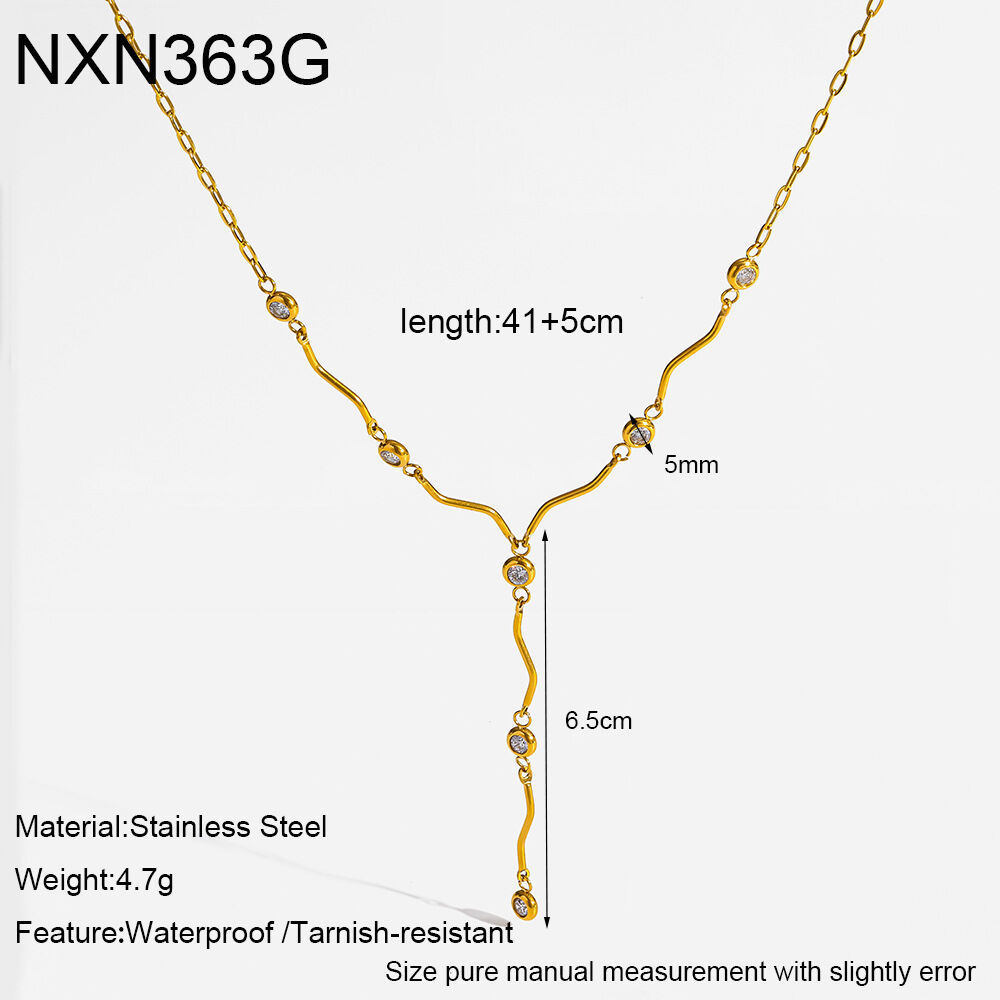 Luxurious Chain Lines Geometric Shape Stainless Steel Waterproof Gold Color Zircon Women's Pendant Necklaces h5