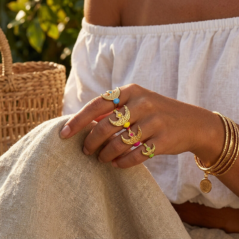 Retro Moon Stainless Steel Waterproof Gold Color Statement Rings Picture3
