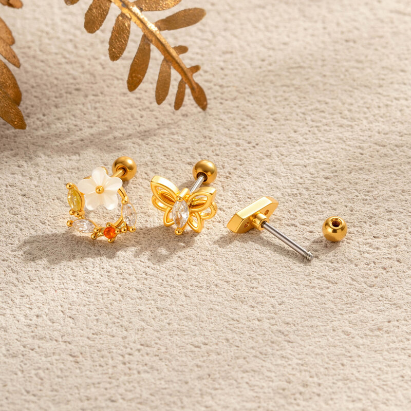 Einfache Ohrringe aus der Serie „Blume Schmetterling“ in Kupfer-Gold-Farbe mit Zirkonia-Motiv für Damen. h5Bild3