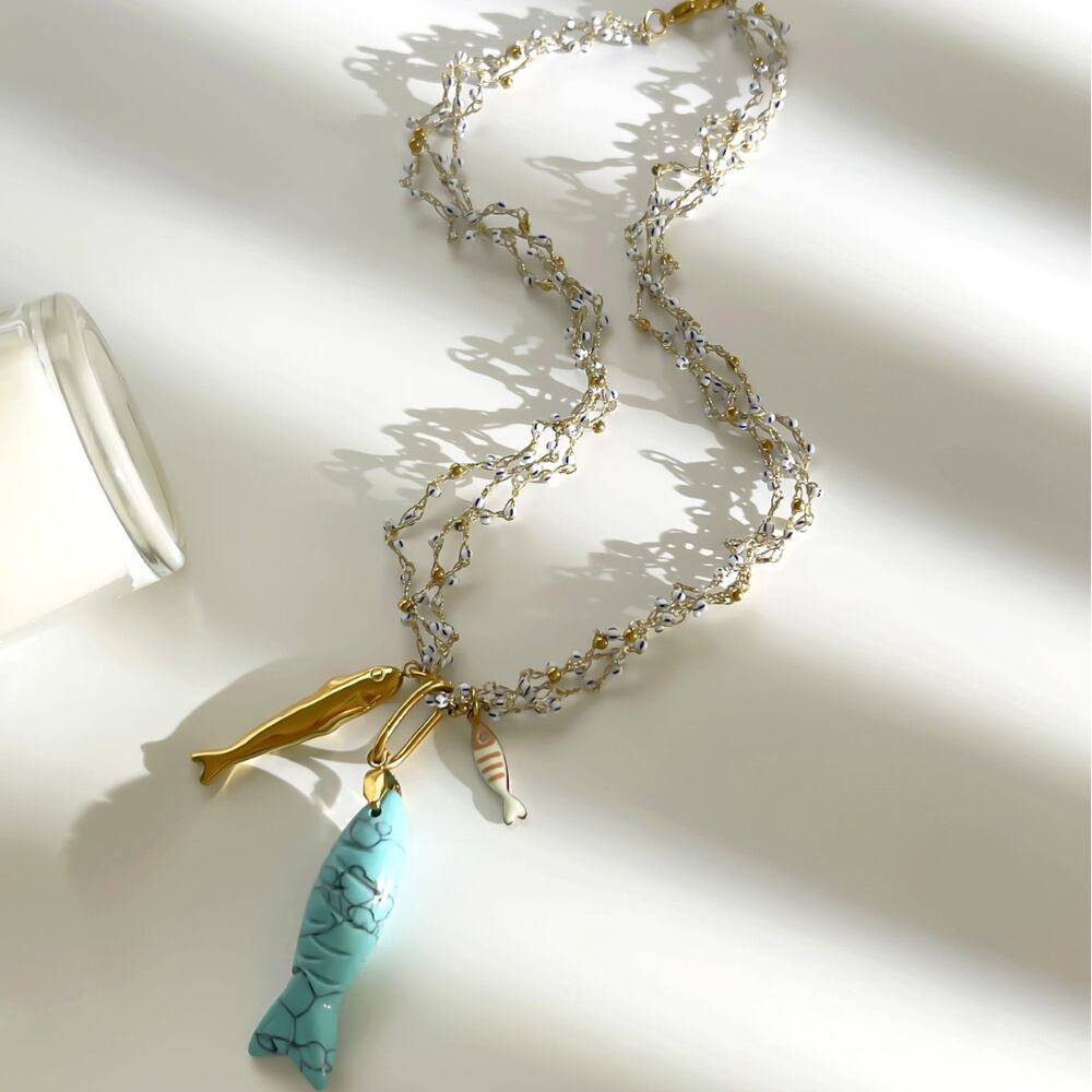 Vacation Natural Stone Fish Stainless Steel Waterproof Women's Braided Necklaces h5Picture2
