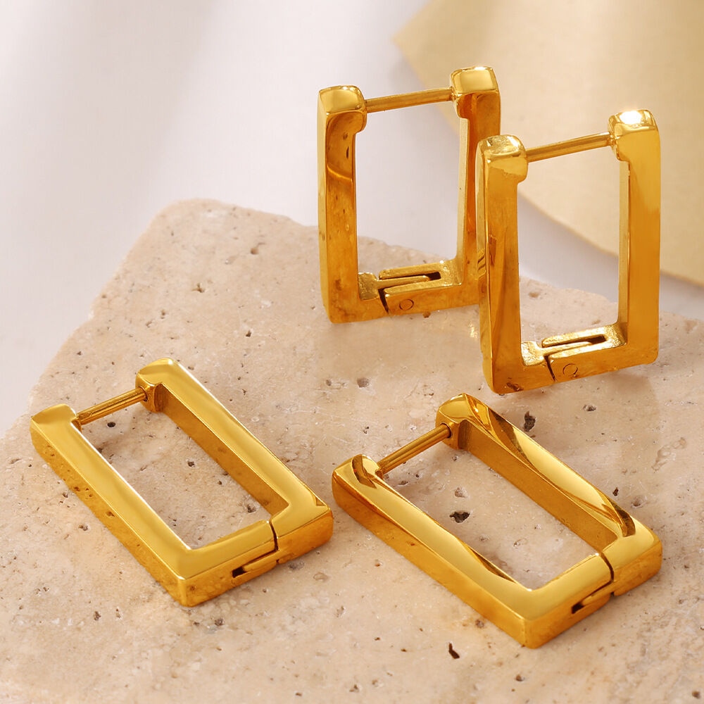 Daily Rectangle Stainless Steel Waterproof Gold Color Women's Hoop Earrings h5 Picture2