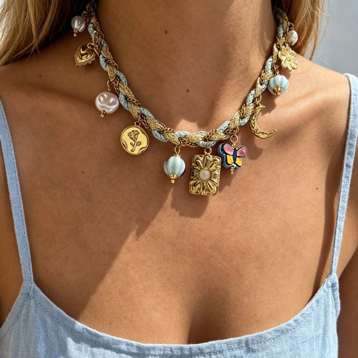 Retro Flower Butterfly Stainless Steel Waterproof Gold Color Women's Braided Necklaces h5 Picture2
