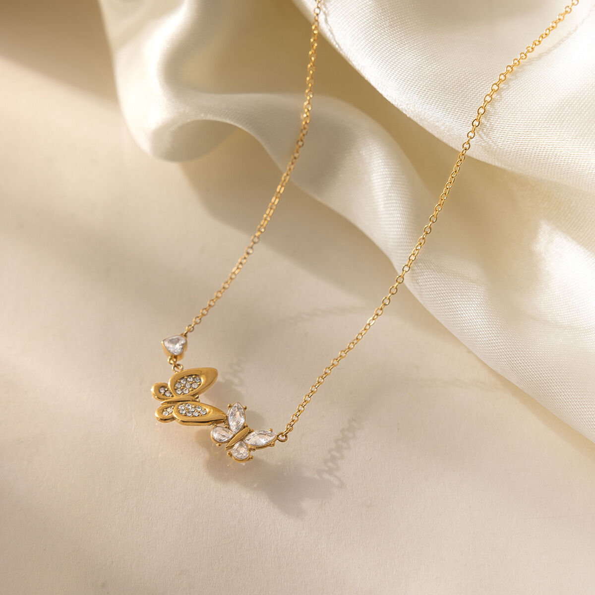 Sweet Butterfly Stainless Steel Waterproof Gold Color Rhinestone Women's Pendant Necklaces Picture4