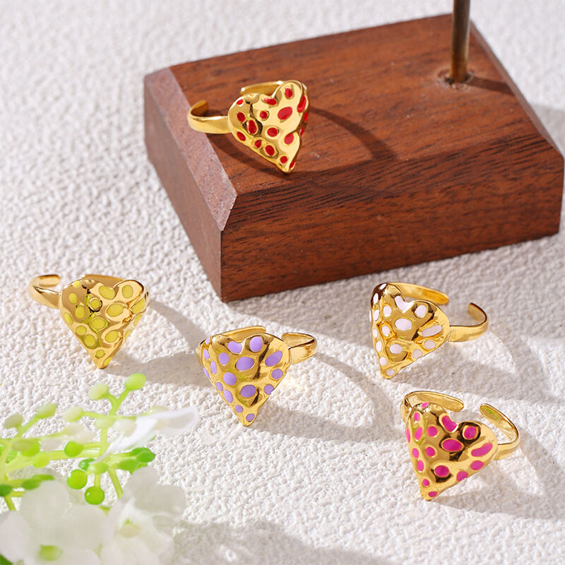 Retro Enamel Heart Stainless Steel Waterproof Gold Color Statement Rings Picture2