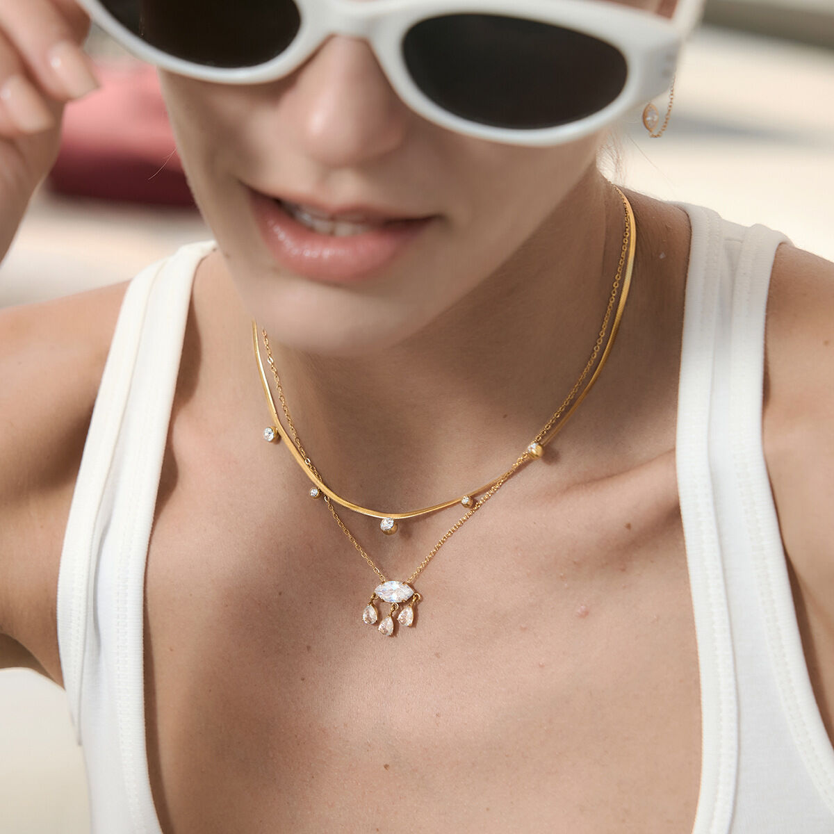 Luxurious Elegant Droplet Stainless Steel Waterproof Gold Color Zircon Women's Pendant Necklaces